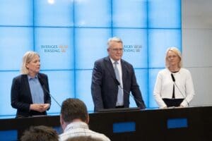 Pictured from left: SAP leader Magdalena Andersson, PES Common Candidate Nicolas Schimit, MEP Hélene Fritzon