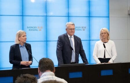 Pictured from left: SAP leader Magdalena Andersson, PES Common Candidate Nicolas Schimit, MEP Hélene Fritzon
